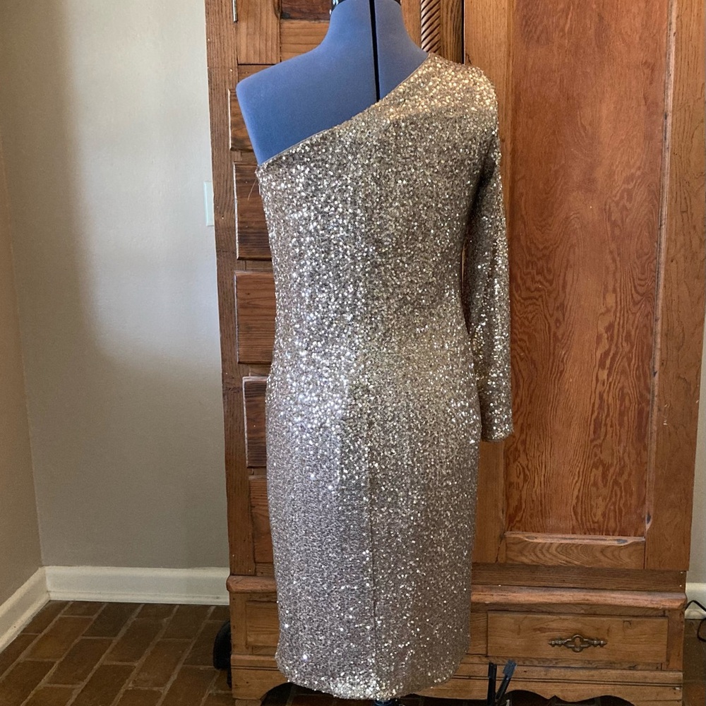 Ralph Lauren Gold Sequin Asymmetrical Cocktail Dress - Picture 2 of 5